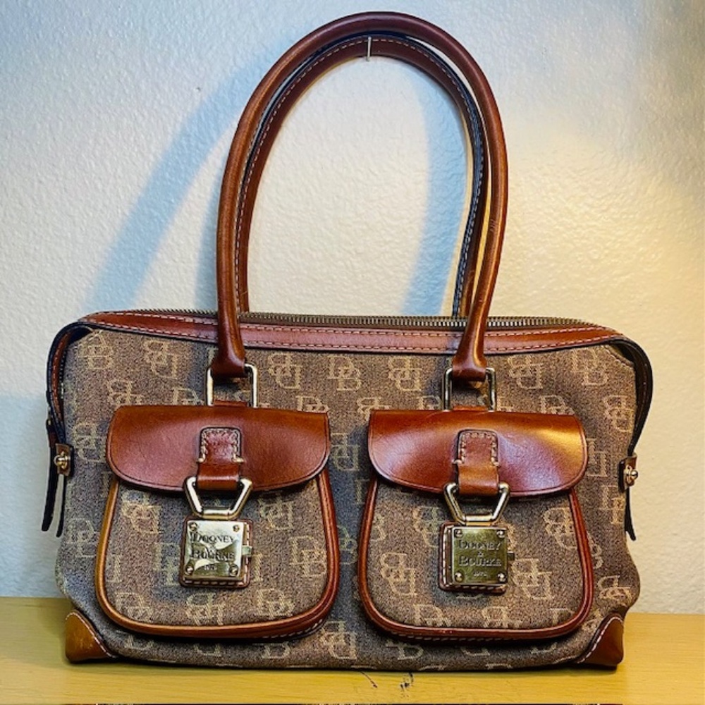 Vintage Dooney & Bourke Handbag - Leather Satchel with DB LOGO in Brass